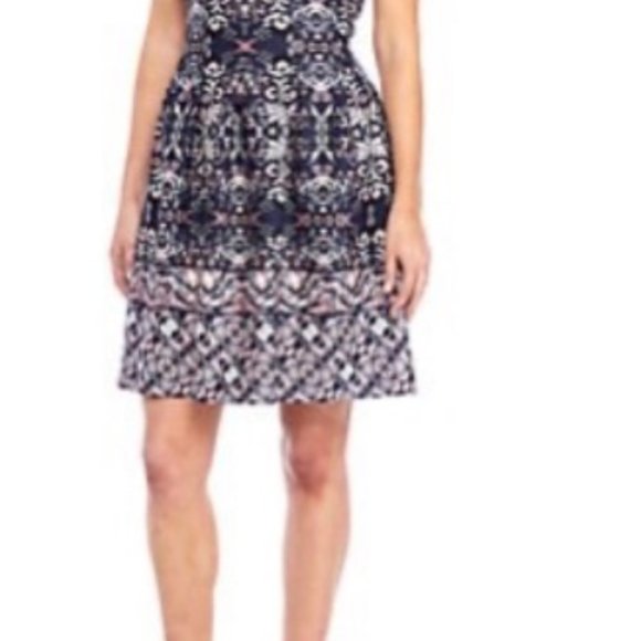 Vince Camuto Pleated Navy Fit and Flare Dress with Floral Print - Picture 3 of 3